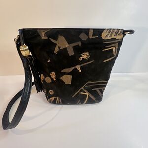 VTG Leather Purse Shoulder Bag Tassel Tapestry Boho Abstract Western Bucket USA